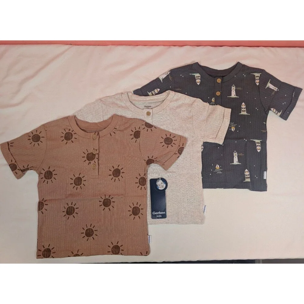 Gerber Toddler Boys Henley T-shirts 3-Pack 2T Brown Gray
